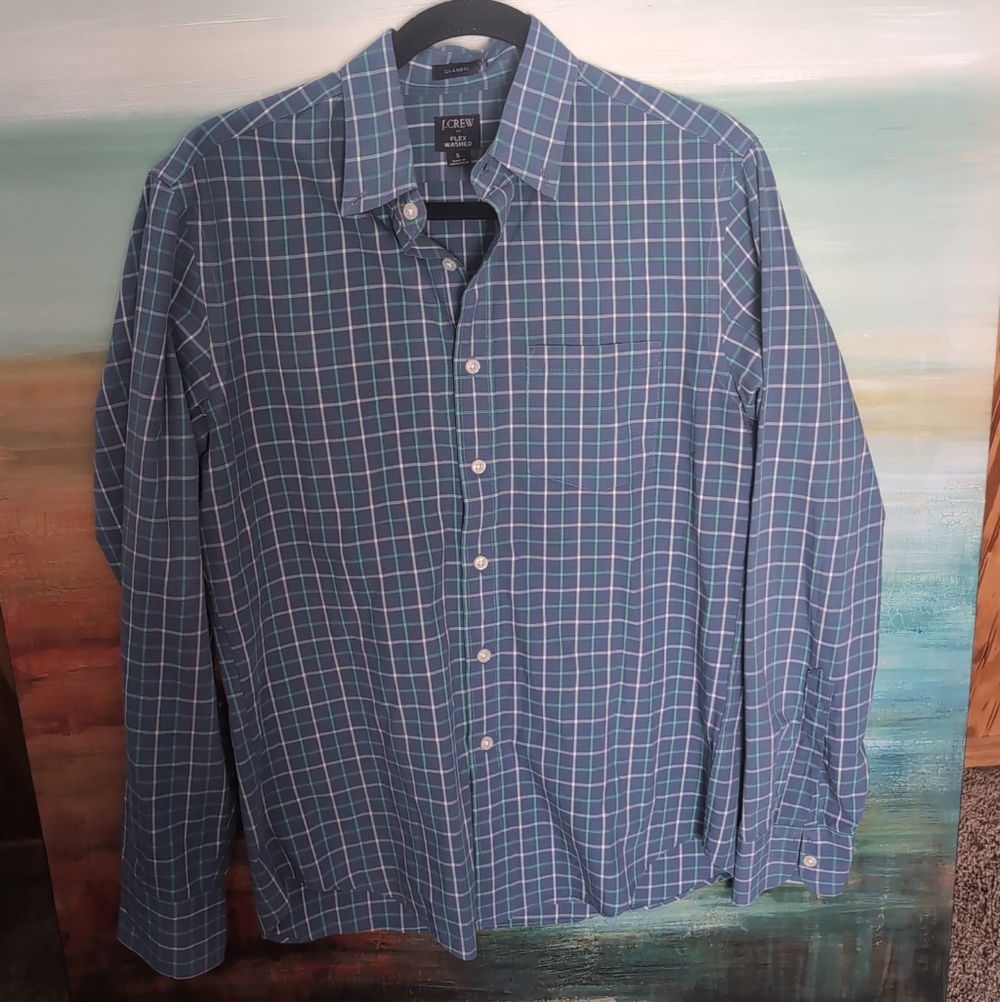 J. Crew Men's flex washed Blue and White Plaid Shirt S